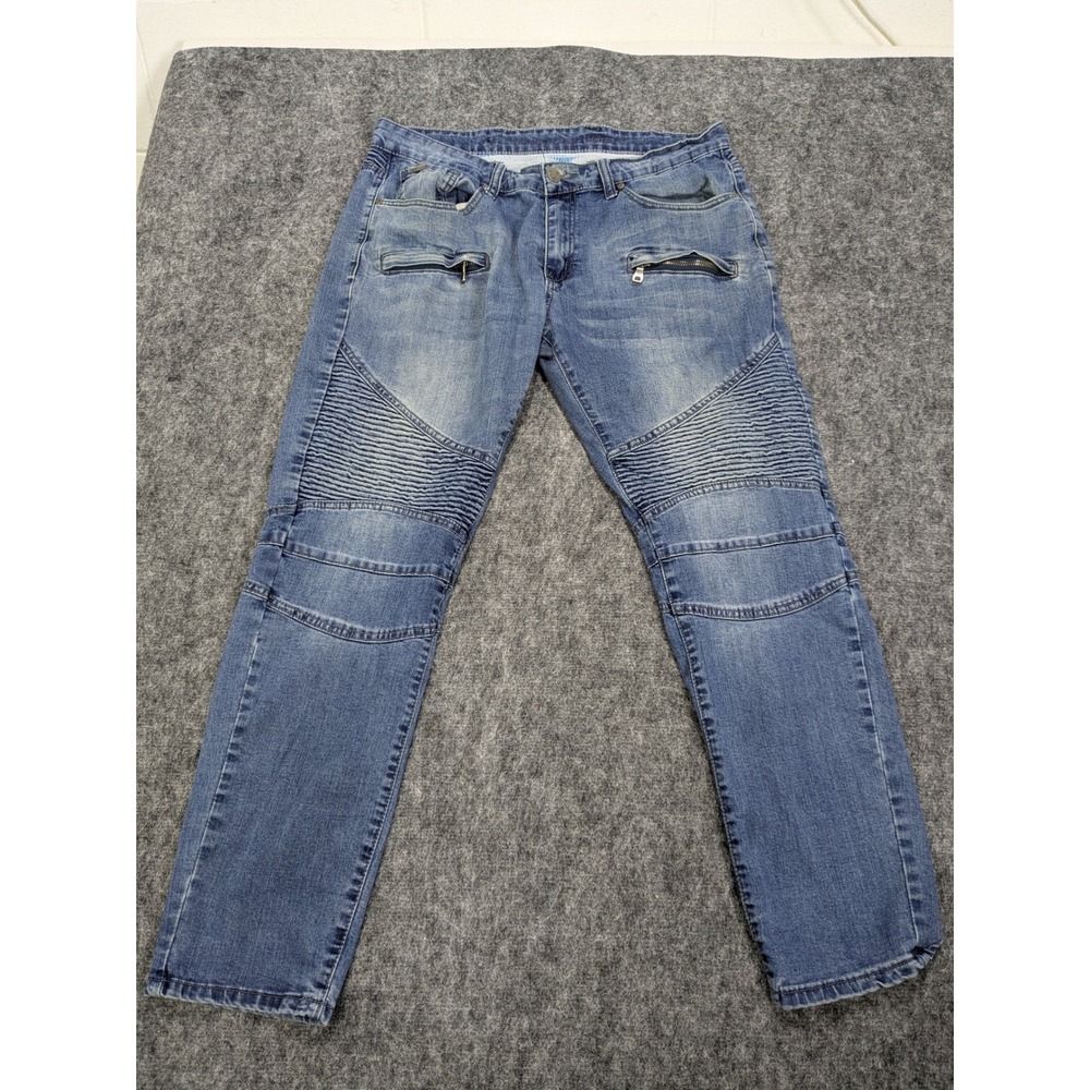 V1969 Italia Mens Blue Moto Jeans 32X30 Ribbed Panels Zipper Pockets Slim Fit